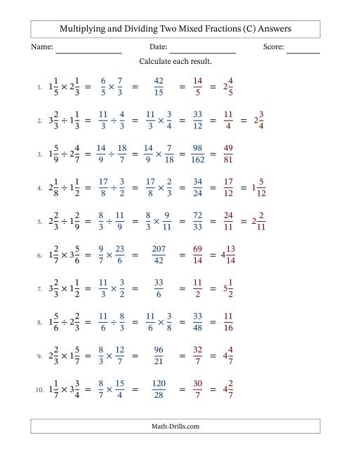 The Multiplying and Dividing Two Mixed Fractions with All Simplifying (C) Math Worksheet Page 2