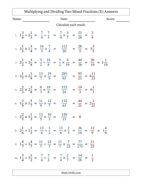 The Multiplying and Dividing Two Mixed Fractions with All Simplifying (E) Math Worksheet Page 2