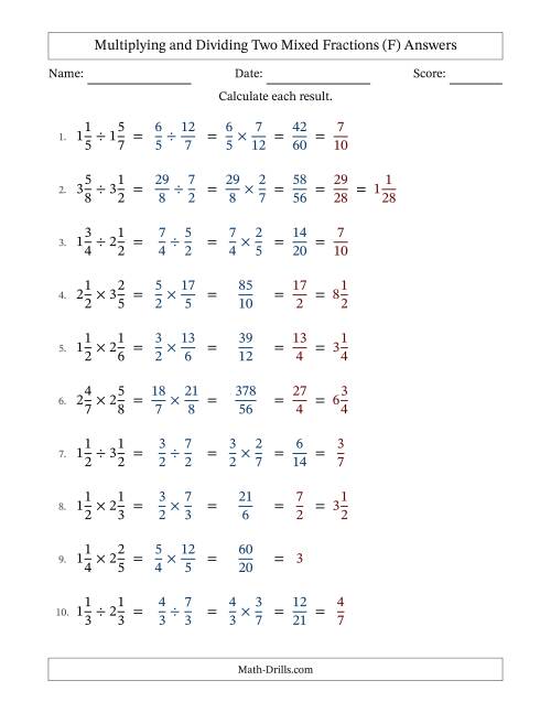 The Multiplying and Dividing Two Mixed Fractions with All Simplifying (F) Math Worksheet Page 2