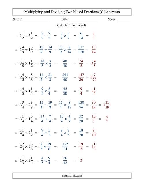The Multiplying and Dividing Two Mixed Fractions with All Simplifying (G) Math Worksheet Page 2