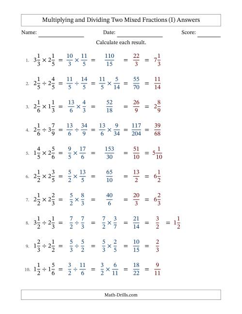 The Multiplying and Dividing Two Mixed Fractions with All Simplifying (I) Math Worksheet Page 2