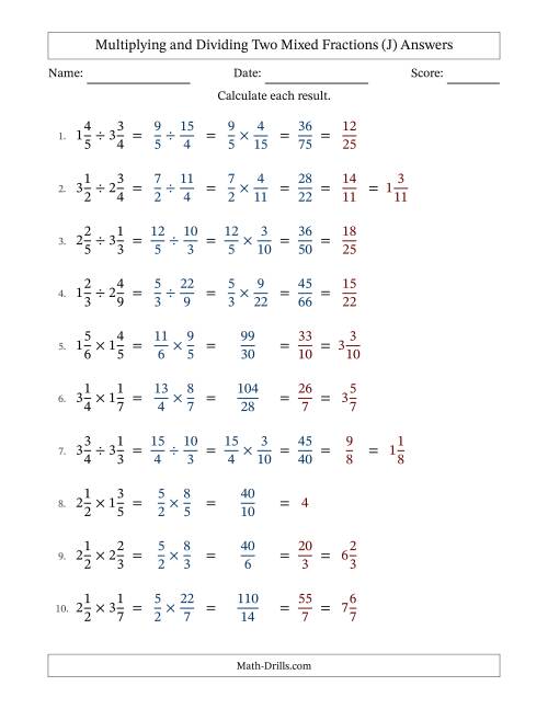 The Multiplying and Dividing Two Mixed Fractions with All Simplifying (J) Math Worksheet Page 2
