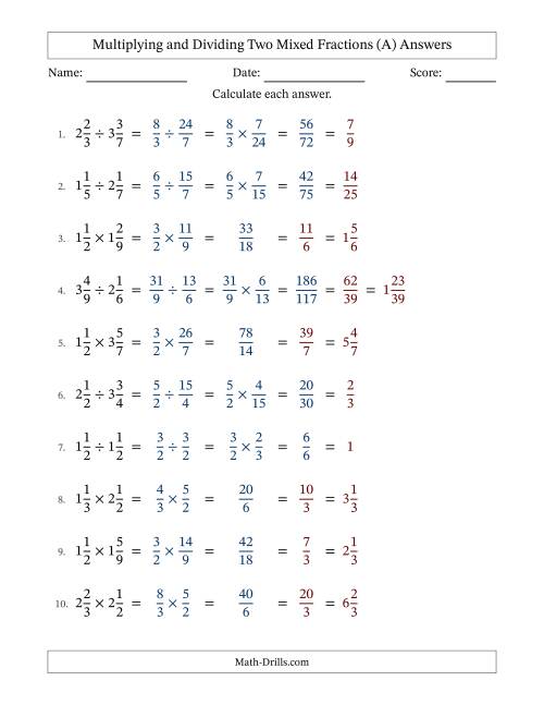 The Multiplying and Dividing Two Mixed Fractions with All Simplifying (All) Math Worksheet Page 2
