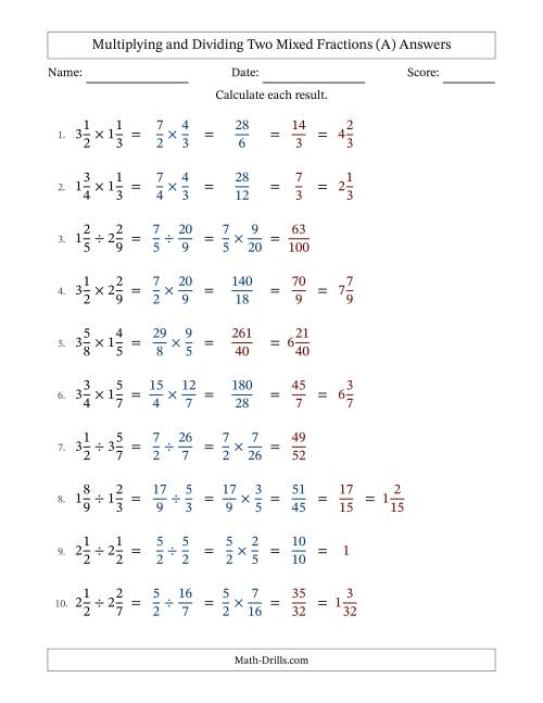 The Multiplying and Dividing Two Mixed Fractions with some Simplifying (A) Math Worksheet Page 2