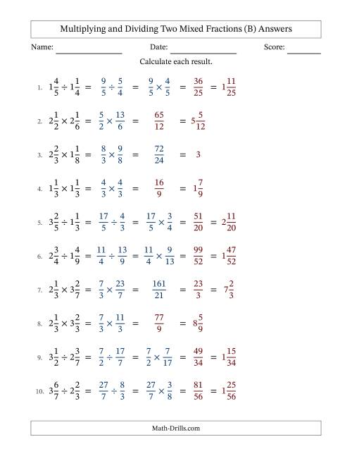 The Multiplying and Dividing Two Mixed Fractions with some Simplifying (B) Math Worksheet Page 2