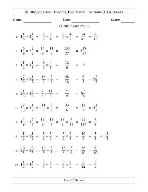 The Multiplying and Dividing Two Mixed Fractions with some Simplifying (C) Math Worksheet Page 2