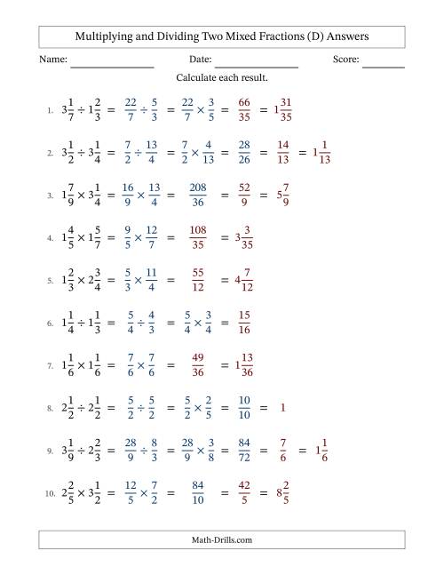 The Multiplying and Dividing Two Mixed Fractions with some Simplifying (D) Math Worksheet Page 2