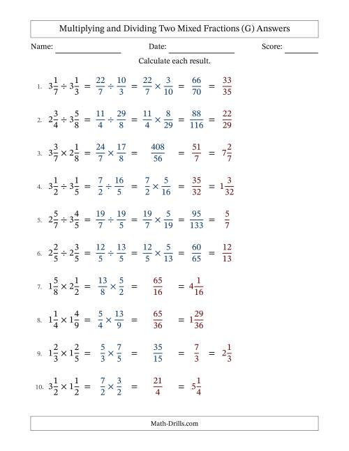 The Multiplying and Dividing Two Mixed Fractions with some Simplifying (G) Math Worksheet Page 2