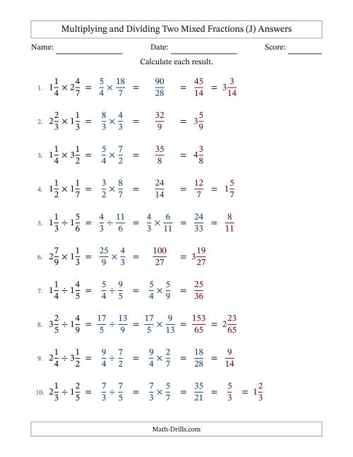 The Multiplying and Dividing Two Mixed Fractions with some Simplifying (J) Math Worksheet Page 2
