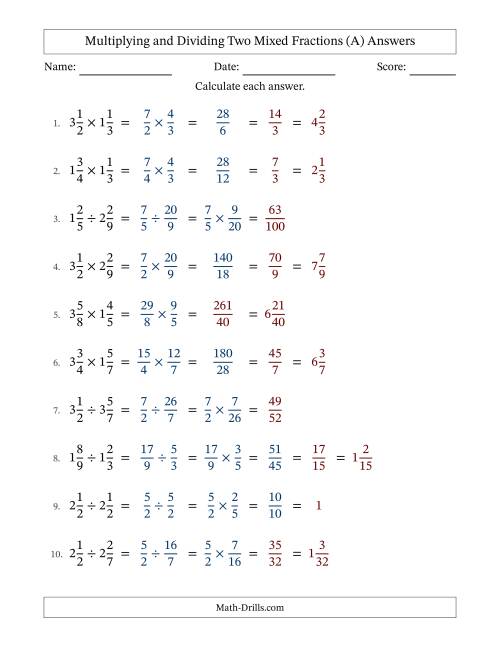 The Multiplying and Dividing Two Mixed Fractions with some Simplifying (All) Math Worksheet Page 2