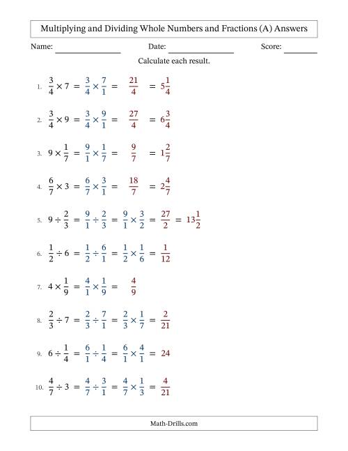 The Multiplying and Dividing Proper Fractions and Whole Numbers with No Simplifying (A) Math Worksheet Page 2