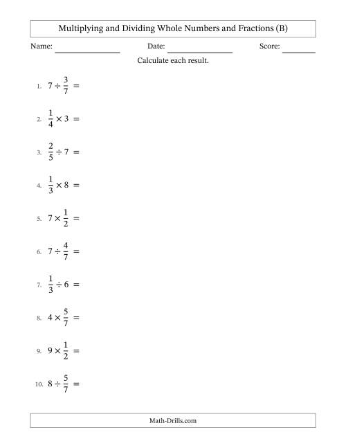 The Multiplying and Dividing Proper Fractions and Whole Numbers with No Simplifying (B) Math Worksheet