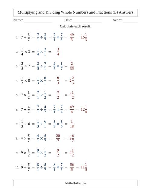 The Multiplying and Dividing Proper Fractions and Whole Numbers with No Simplifying (B) Math Worksheet Page 2
