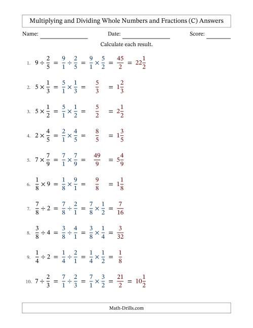 The Multiplying and Dividing Proper Fractions and Whole Numbers with No Simplifying (C) Math Worksheet Page 2