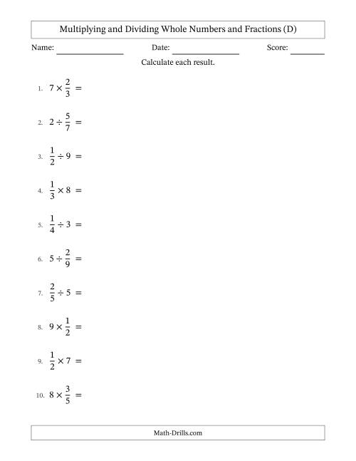 The Multiplying and Dividing Proper Fractions and Whole Numbers with No Simplifying (D) Math Worksheet