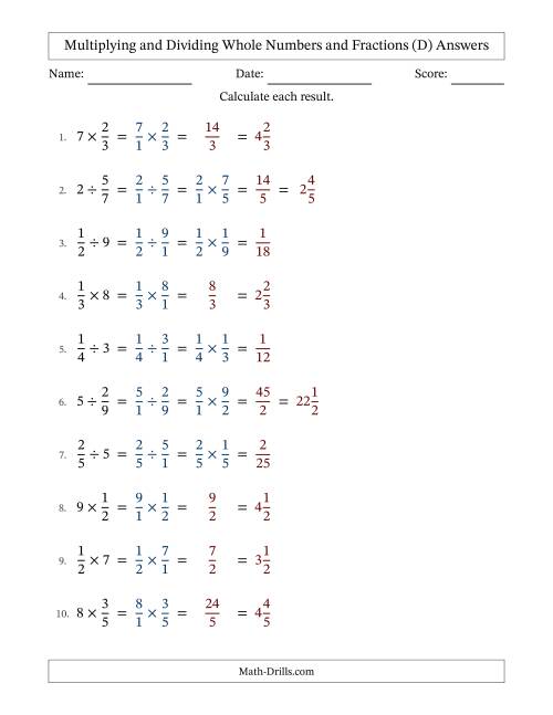 The Multiplying and Dividing Proper Fractions and Whole Numbers with No Simplifying (D) Math Worksheet Page 2