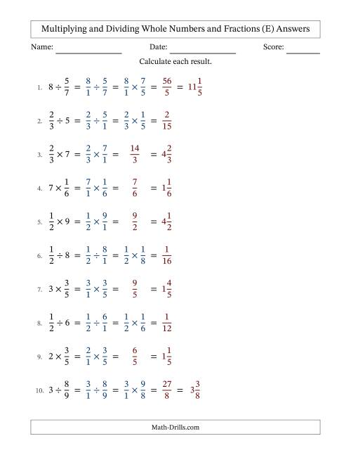 The Multiplying and Dividing Proper Fractions and Whole Numbers with No Simplifying (E) Math Worksheet Page 2