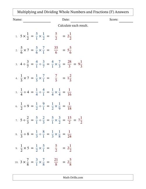 The Multiplying and Dividing Proper Fractions and Whole Numbers with No Simplifying (F) Math Worksheet Page 2