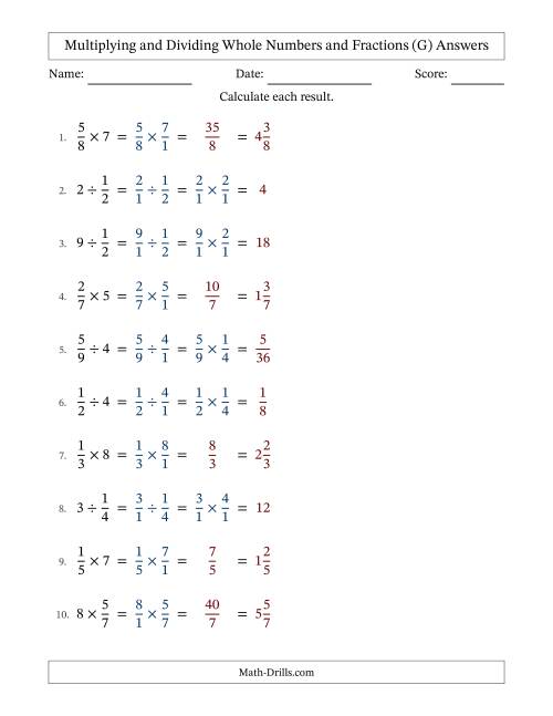 The Multiplying and Dividing Proper Fractions and Whole Numbers with No Simplifying (G) Math Worksheet Page 2