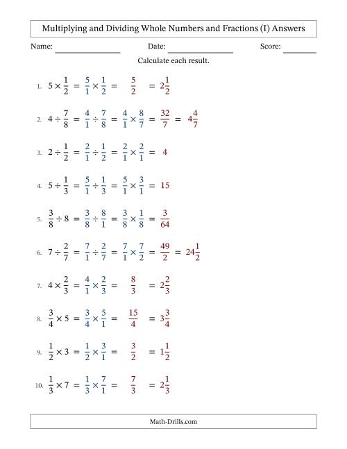 The Multiplying and Dividing Proper Fractions and Whole Numbers with No Simplifying (I) Math Worksheet Page 2