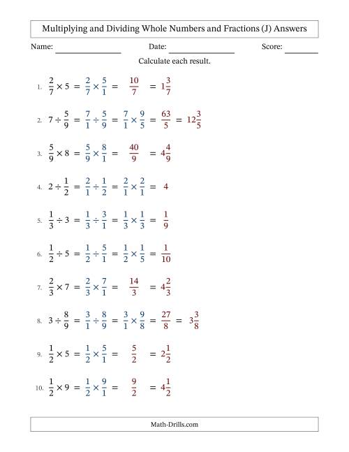 The Multiplying and Dividing Proper Fractions and Whole Numbers with No Simplifying (J) Math Worksheet Page 2