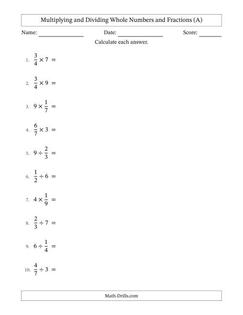 The Multiplying and Dividing Proper Fractions and Whole Numbers with No Simplifying (All) Math Worksheet