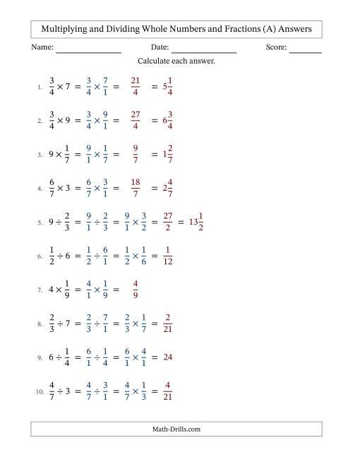 The Multiplying and Dividing Proper Fractions and Whole Numbers with No Simplifying (All) Math Worksheet Page 2