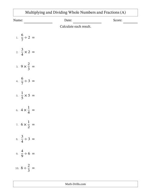 The Multiplying and Dividing Proper Fractions and Whole Numbers with All Simplifying (A) Math Worksheet
