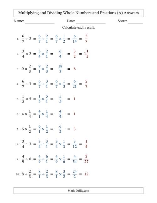 The Multiplying and Dividing Proper Fractions and Whole Numbers with All Simplifying (A) Math Worksheet Page 2