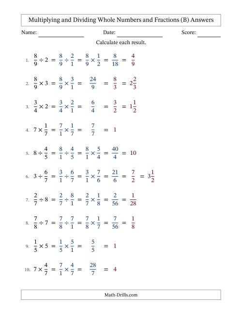 The Multiplying and Dividing Proper Fractions and Whole Numbers with All Simplifying (B) Math Worksheet Page 2