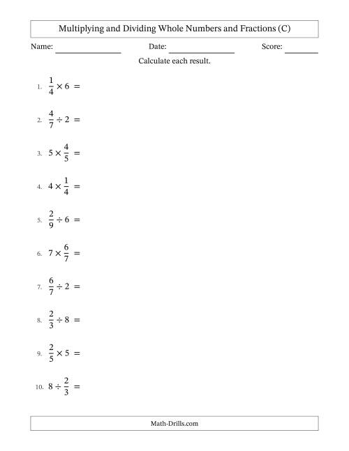 The Multiplying and Dividing Proper Fractions and Whole Numbers with All Simplifying (C) Math Worksheet
