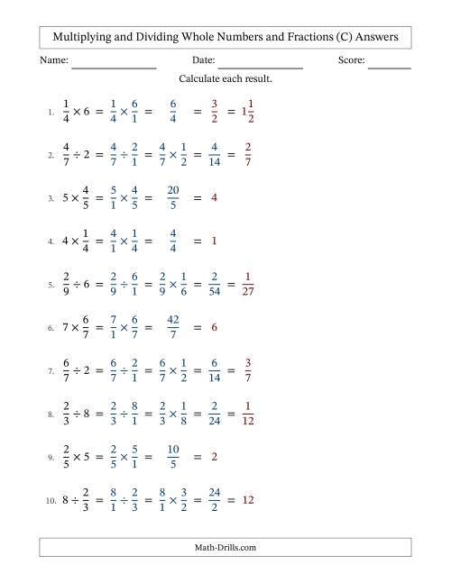 The Multiplying and Dividing Proper Fractions and Whole Numbers with All Simplifying (C) Math Worksheet Page 2