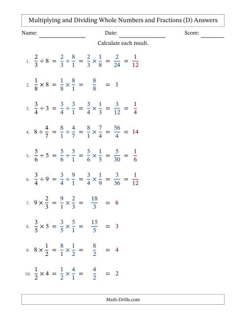 The Multiplying and Dividing Proper Fractions and Whole Numbers with All Simplifying (D) Math Worksheet Page 2