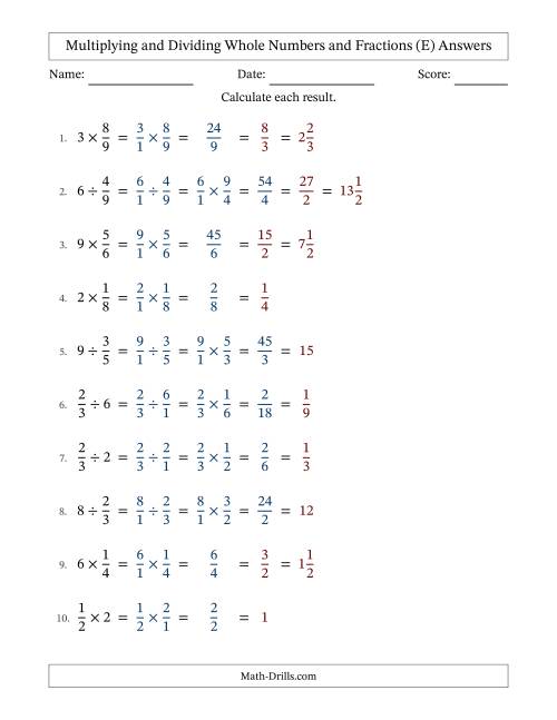 The Multiplying and Dividing Proper Fractions and Whole Numbers with All Simplifying (E) Math Worksheet Page 2