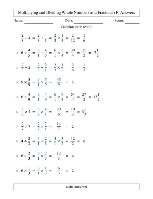 The Multiplying and Dividing Proper Fractions and Whole Numbers with All Simplifying (F) Math Worksheet Page 2
