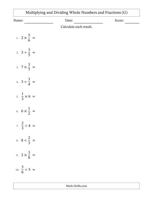 The Multiplying and Dividing Proper Fractions and Whole Numbers with All Simplifying (G) Math Worksheet