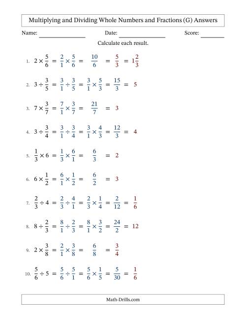 The Multiplying and Dividing Proper Fractions and Whole Numbers with All Simplifying (G) Math Worksheet Page 2