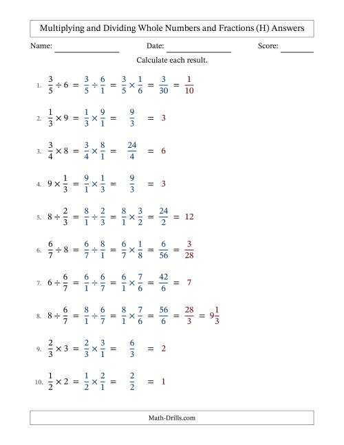 The Multiplying and Dividing Proper Fractions and Whole Numbers with All Simplifying (H) Math Worksheet Page 2