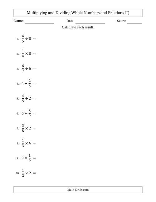The Multiplying and Dividing Proper Fractions and Whole Numbers with All Simplifying (I) Math Worksheet