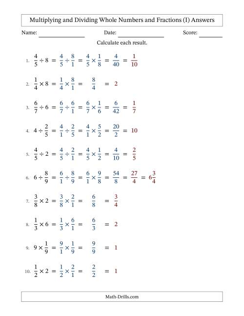 The Multiplying and Dividing Proper Fractions and Whole Numbers with All Simplifying (I) Math Worksheet Page 2