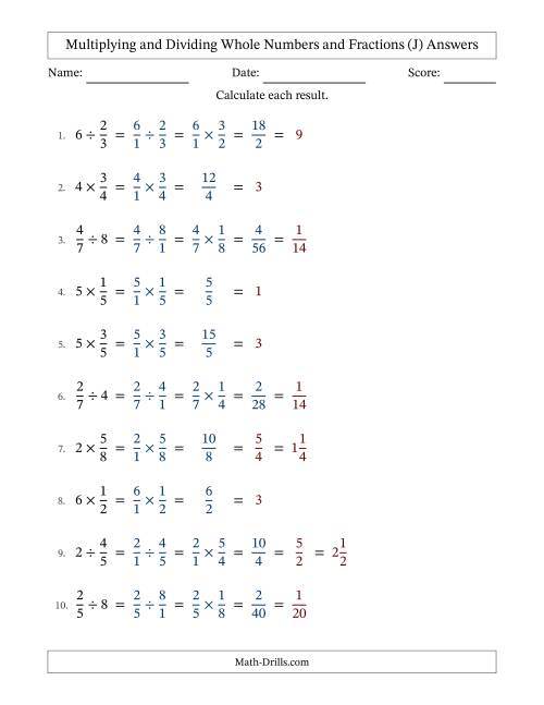 The Multiplying and Dividing Proper Fractions and Whole Numbers with All Simplifying (J) Math Worksheet Page 2