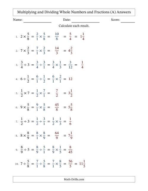 The Multiplying and Dividing Proper Fractions and Whole Numbers with Some Simplifying (A) Math Worksheet Page 2