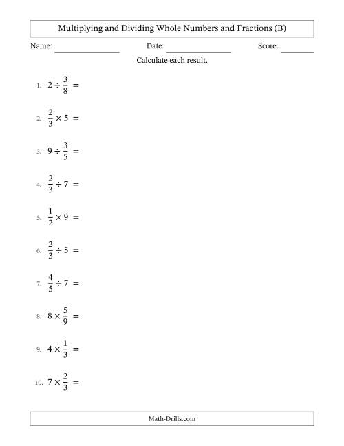The Multiplying and Dividing Proper Fractions and Whole Numbers with Some Simplifying (B) Math Worksheet