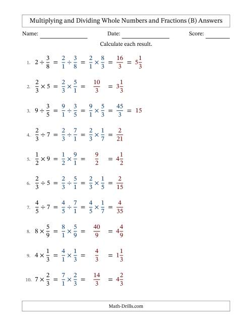 The Multiplying and Dividing Proper Fractions and Whole Numbers with Some Simplifying (B) Math Worksheet Page 2