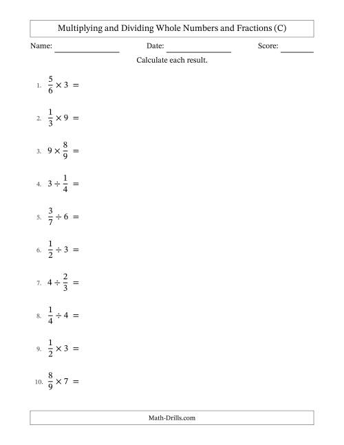 The Multiplying and Dividing Proper Fractions and Whole Numbers with Some Simplifying (C) Math Worksheet