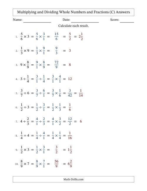 The Multiplying and Dividing Proper Fractions and Whole Numbers with Some Simplifying (C) Math Worksheet Page 2