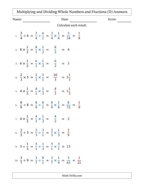 The Multiplying and Dividing Proper Fractions and Whole Numbers with Some Simplifying (D) Math Worksheet Page 2