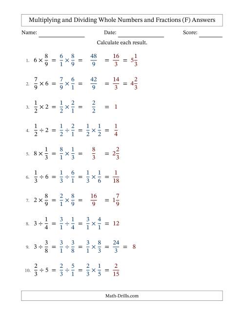 The Multiplying and Dividing Proper Fractions and Whole Numbers with Some Simplifying (F) Math Worksheet Page 2