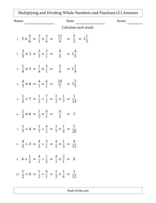 The Multiplying and Dividing Proper Fractions and Whole Numbers with Some Simplifying (G) Math Worksheet Page 2