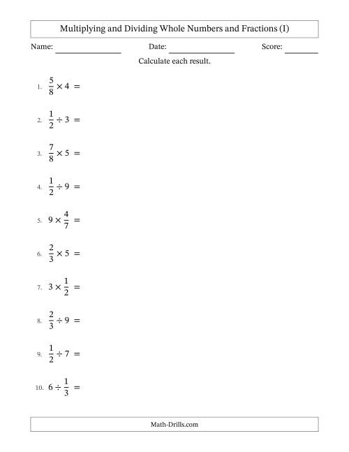 The Multiplying and Dividing Proper Fractions and Whole Numbers with Some Simplifying (I) Math Worksheet